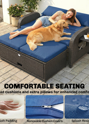 Patio Rattan Daybed, Wicker Outdoor Daybed with Storage Ottoman, Loveseat w/ Adjustable Backrest, Navy Blue