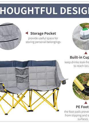 Loveseat Style Camping Chair, Oversized Folding Lawn Chair with Carry Bag & Cup Holders, for Outdoor, Beach, Picnic, Hiking, Travel, Navy Blue & Gray