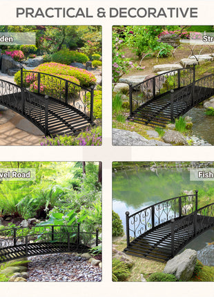 7' Metal Arch Garden Bridge Arc Footbridge with Side Railings Decorative Scrollwork, Black