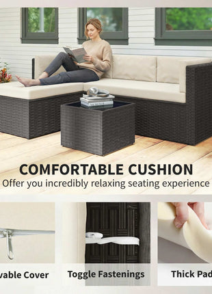 3 Piece Patio Furniture Set, Wicker Outdoor Patio Conversation Furniture Set with Cushions, Glass Top Table, Beige