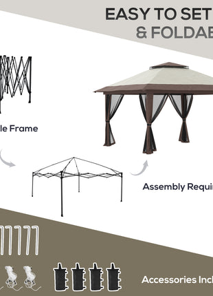 13' x 13' Pop Up Gazebo Instant Canopy Tent Shelter with 2-Tier Roof, Carry Bag, Wight Bags for Outdoor, Garden, Beige