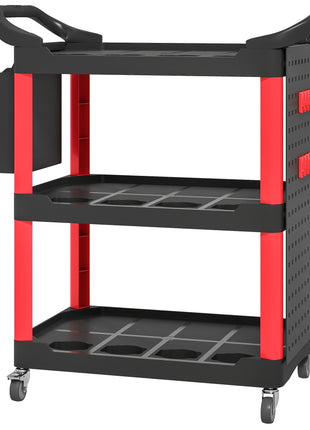 3-Tier Rolling Tool Cart, 200 LBS Capacity Plastic Utility Cart with Side Shelf and Storage Bucket, Black & Red