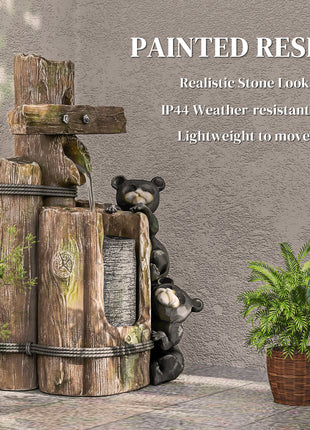 22.8" Water Fountain, 3-Tier Resin Bears on Log Outdoor Waterfall Fountain with LED Lights, Pump