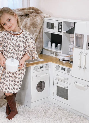 Large Play Kitchen with Full Set of Appliances for a Modern Day Pretend Kitchen, Tons of Storage, Corner Play Kitchen Set with Sound Effect, Educational Pretend Role Playset Game
