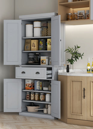 72" Traditional Kitchen Pantry Cabinet, Freestanding Tall Storage Cabinet with 4 Doors, Drawer and 3 Adjustable Shelves for Dining Room, Gray