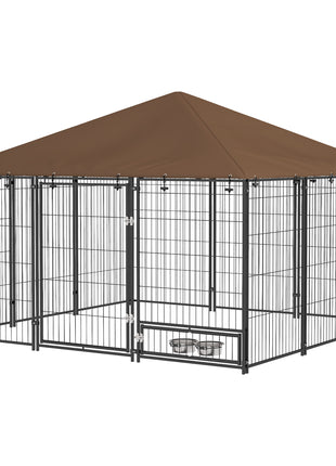 Outside Dog Kennel, 6.9' x 4.6' x 5' Puppy Play Pen with Canopy, Garden Playpen Fence Crate with Rotating Bowl, Black