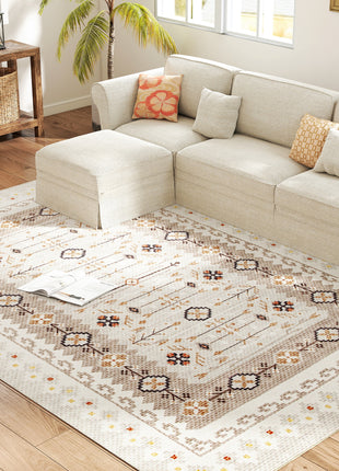 Machine Washable Area Rug 8x10, Non-Slip Boho Flannel Print Floor Carpet for Living Room, Bedroom, Dining Room, Brown