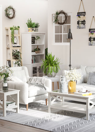 Coffee Table with Tempered Glass Tabletop, Living Room Table with Wood Frame and Underneath Storage Shelf, White Oak