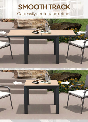 35.5"-71" Expandable Outdoor Dining Table for 4-6 People, Aluminum Patio Table with Slatted Wood Grain Top, Natural