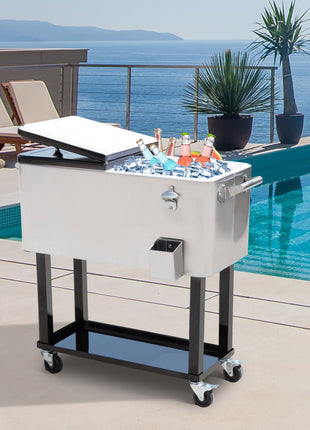 80 QT Rolling Cooling Bins Ice Chest on Wheels Outdoor Stand Up Drink Cooler Cart for Party, Silver