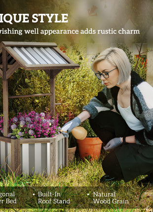 Wooden Wishing Well Planter, Raised Garden Bed with Galvanized Canopy, Hexagon Raised Flower Bed for Garden, Light Gray
