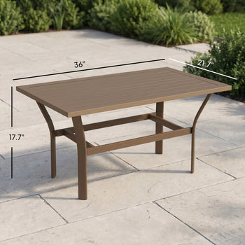 Outdoor Coffee Table with Slatted Tabletop, All-Weather Rectangle Metal Patio Coffee Table for Garden, Brown