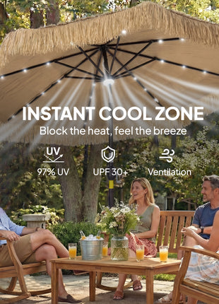 9 ft Hula Thatched Tiki Patio Umbrella with LED Solar Light, Outdoor Umbrella with Crank, Tilt, UPF30+, Khaki