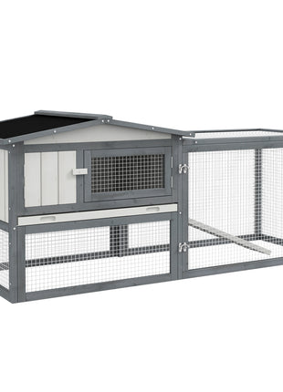 Large Rabbit Cage Outdoor 61"L Guinea Pig Hutch w/ Run Feeding Trough Removable Tray Ramp Asphalt Roof, White