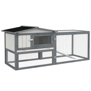 Large Rabbit Cage Outdoor 61"L Guinea Pig Hutch w/ Run Feeding Trough Removable Tray Ramp Asphalt Roof, White