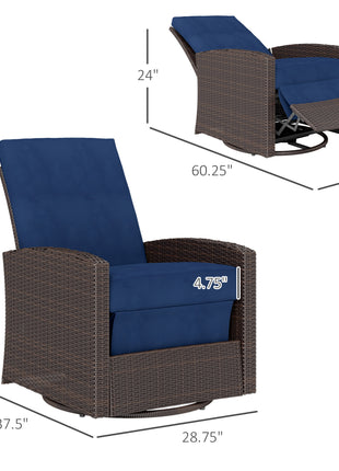 Outdoor Wicker Chair, Reclining Backrest, Lifting Footrest, 360° Rotating Basic, Water Resistant Cushions, Dark Blue