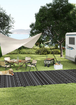 Reversible Outdoor Rug, Waterproof Plastic Straw with Carry Bag, 9' x 18', Black & Gray Geometric Wall