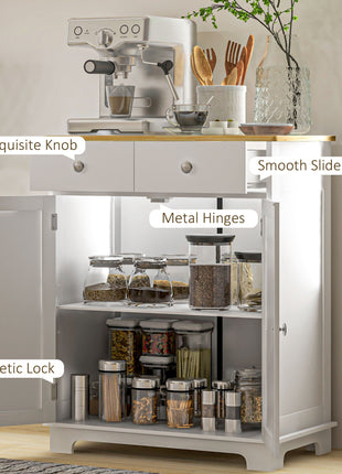 Kitchen Storage Cabinet, Sideboard Floor Cupboard with Solid Wood Top, Adjustable Shelf, and 2 Drawers, Distressed White