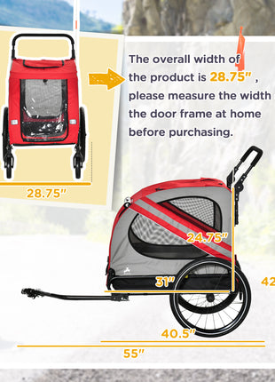 2-in-1 Pet Bike Trailer for Small Medium Dogs, Road-Visibility Dog Stroller Bicycle Carrier, Weather-Strong Bike Wagon Trailer Sidecar Attachment, Red