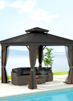 10' x 10' Hardtop Gazebo with Aluminum Frame, Metal Roof Gazebo Canopy w/ Hook, Curtains included, Dark Brown