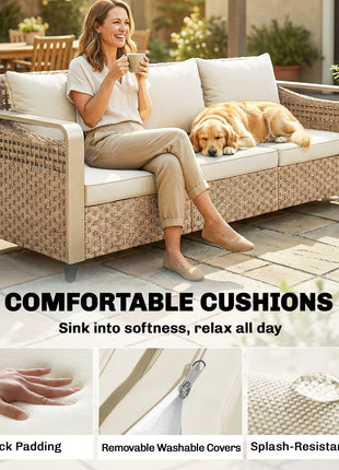 Rattan Wicker Sofa 3-Seater Outdoor Patio Sofa with Cushions for Garden Backyard Porch Beige