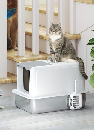 2 in 1 Stainless Steel Cat Litter Box with Removable Lid, Scoop, Filter Bags, for Small to Large Cats, White