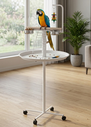 Bird Stand with Wheels, Perches, Feed Bowls, Round Tray for Parrot