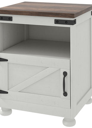 Side Table with Storage, End Table with Open Shelf, Cupboard and Wood Legs, Modern and Farmhouse Style, White