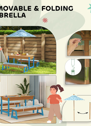 Kids Picnic Table Set with Foldable Umbrella, Removable Cushions & Boxes, Dinosaur Theme, Blue