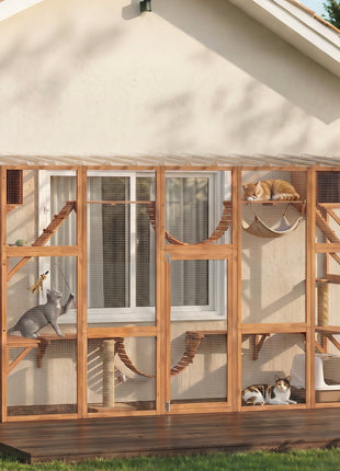 Catio Playground Cat Window Box Outside Enclosure for Multiple Cats w/ Shelves & Bridges, Orange