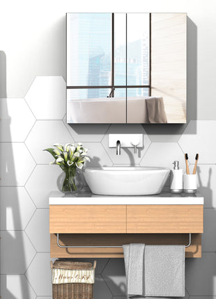Bathroom Mirrored Cabinet, 24"x22" Steel Frame Medicine Cabinet, Wall-Mounted Storage Organizer with Double Doors, White