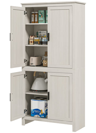 64" 4-Door Kitchen Pantry, Freestanding Storage Cabinet with 3 Adjustable Shelves for Kitchen, Antique White