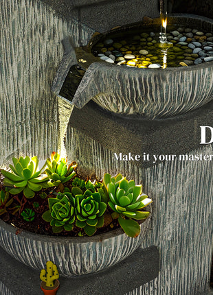 33.5" Water Fountain, 4-Tier Resin Cascading Bowls Outdoor Waterfall Fountain with LED Lights, Pump