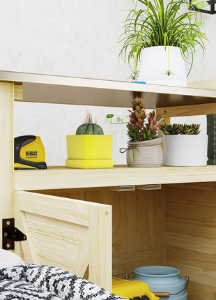 Outdoor Wooden Potting Bench with Storage Cabinet, Aluminum Tabletop, Rubber Wheels for Backyard, Patio, Natural Wood