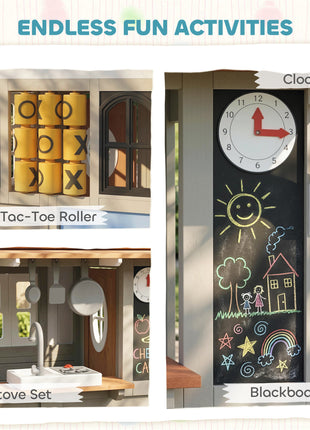 Outdoor Playhouse, Wooden Kids Playhouse with Dog Door, Cookware, Blackboard, Clock, Tic-Tac-Toe Roller for Backyard