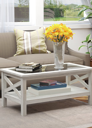Coffee Table with Tempered Glass Tabletop, Living Room Table with Wood Frame and Underneath Storage Shelf, White Oak