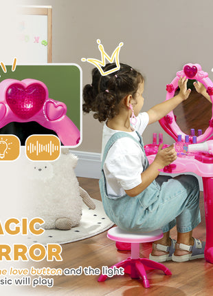Kids Vanity Set with Mirror and Stool, Light and Sound, 15 Accessories, Pink