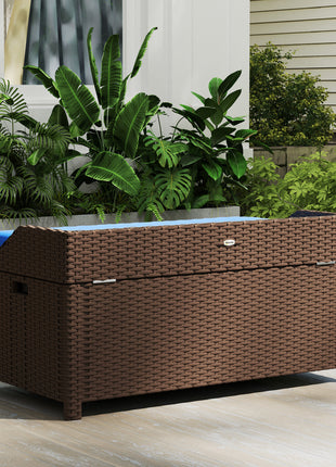 Outdoor Wicker Storage Bench with Storage & Cushion, Blue