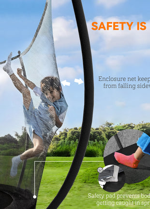 8ft Outdoor Trampoline with Net Enclosure, Curved Poles and Safety Pad, ASTM Approved, Black