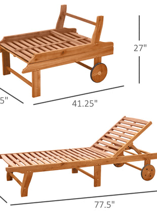 Outdoor Folding Chaise Lounge Chair Recliner with Wheels, Acacia Wood Frame - Teak Color