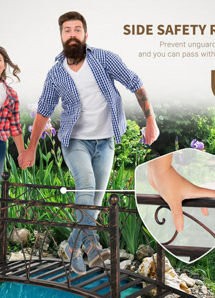 3.3' Metal Arch Zen Garden Bridge with Safety Siderails, Decorative Footbridge, Delicate Scrollwork & Corner Spheres for Stream, Fish Pond, Bronze