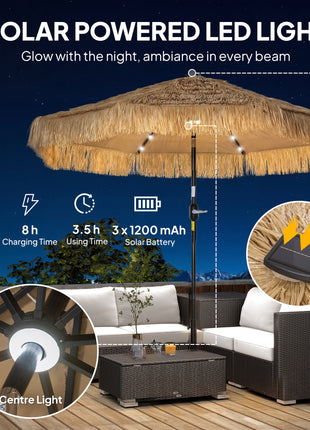 9 ft Hula Thatched Tiki Patio Umbrella with LED Solar Light, Outdoor Umbrella with Crank, Tilt, UPF30+, Khaki
