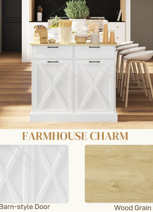 10 Gallon Farmhouse Kitchen Cabinet with Hidden Trash Can and 2 Drawers, Tilt Out Trash Can Cabinet for Kitchen, White