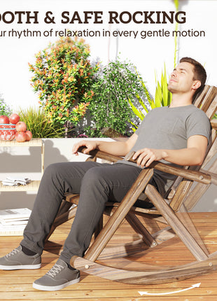 Outdoor Wooden Rocking Chair, Single-Person Adirondack Rocking Patio Chair with Rustic High Back, Slatted Seat and Backrest for Indoor, Backyard, Garden, Carbonized