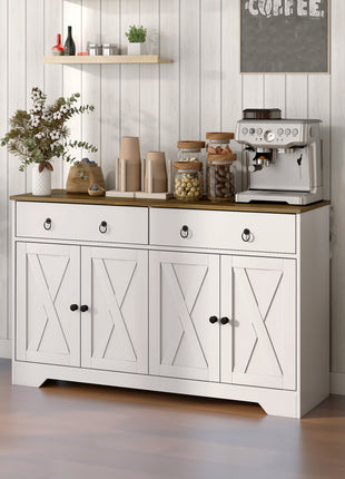 Kitchen Storage Sideboard, Farmhouse Buffet Cabinet with Barn Style Doors, Drawers, Adjustable Shelves, White
