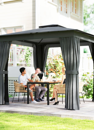 10' x 10' Outdoor Patio Gazebo, Soft Top Gazebo Canopy Shelter with Curtains, Netting, Steel Frame, Hook, Dark Gray