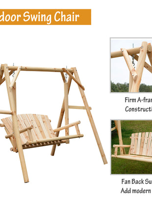 2-Seat Wooden Swing Bench, Ergonomic Design, 'A' Frame Construction, Stable and Non-Slip, Solid Wood Frame Log Garden Swing, for Outdoor and Indoor, Natural Wood