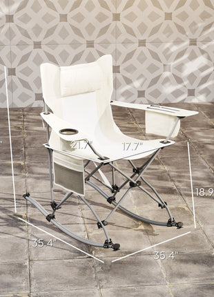 Folding Rocking Camping Chairs, Portable Chairs with Headrest, Cooler Bag, Cup Holder, Carry Bag, 2 Pack, Cream