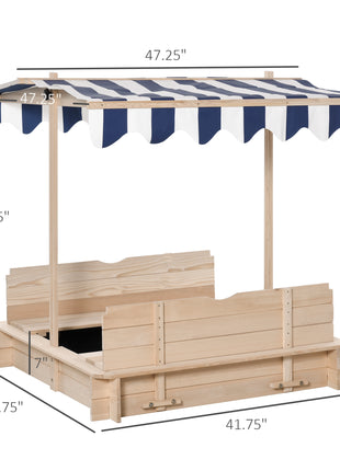 Covered Sandbox, Wooden，with Cover Adjustable Canopy, Detachable Seats and Backrests, Kids Sandbox with Convertible Bench Seat, Bottom Liner, Natural Blue