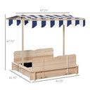 Covered Sandbox, Wooden，with Cover Adjustable Canopy, Detachable Seats and Backrests, Kids Sandbox with Convertible Bench Seat, Bottom Liner, Natural Blue